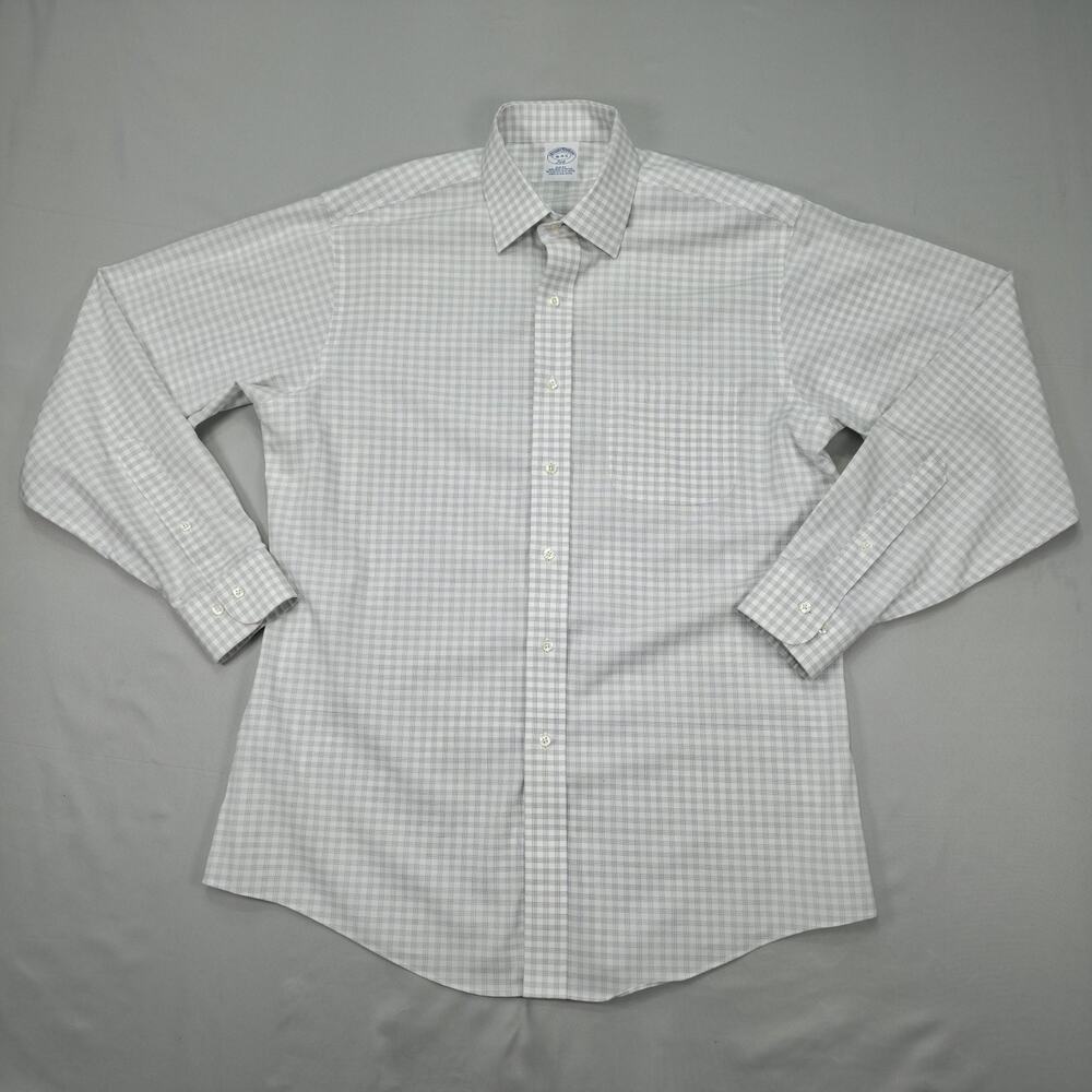 Brooks Brothers 346 Mens 16 4-5 Slim Fit Dress Shirt White Gray Check Non Iron